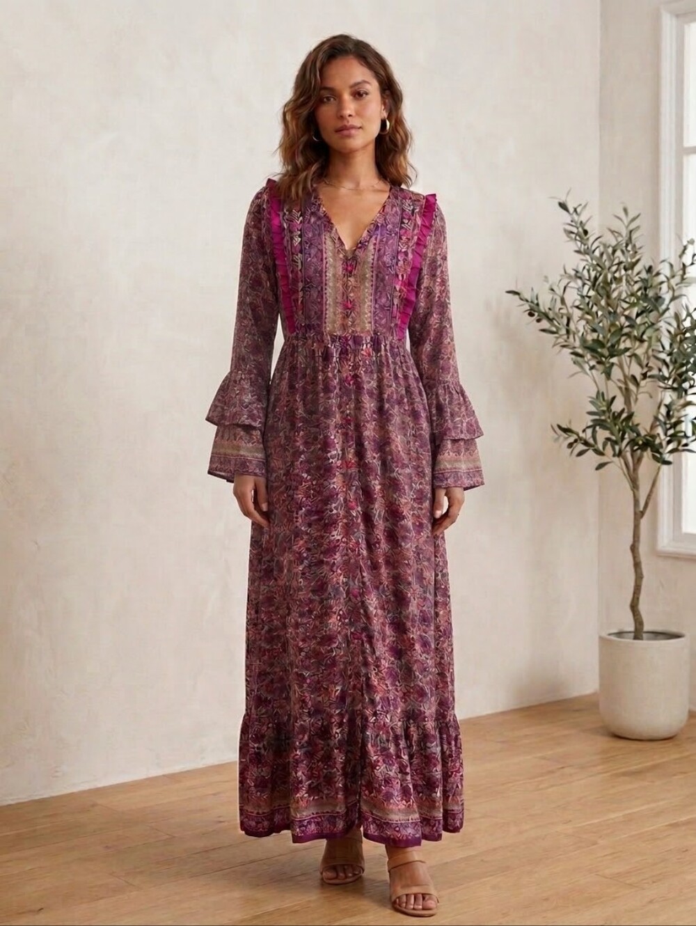 Aratta - Future Release - Boho Floral Long-Sleeve Maxi Dress in Berry